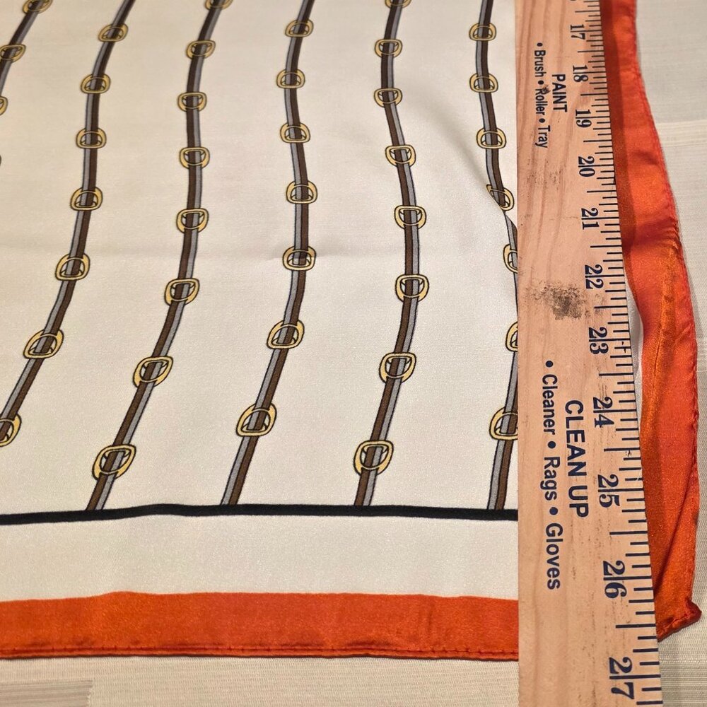 Vintage Equestrian Print Silky Feel Scarf With Orange Border - Picture 7 of 8
